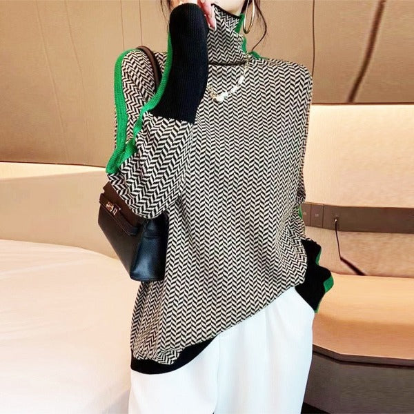 Clémence™ | Pull à Col Roulé à Rayures Contrastées